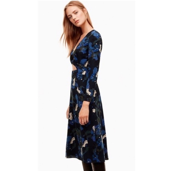 Aritzia Wilfred Aubagne Floral Blue Green Cut Out Midi Long Sleeve Dress Size 0. - Picture 2 of 16